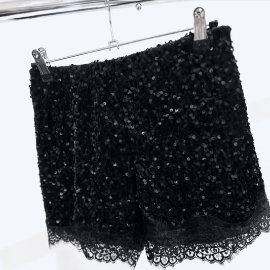 SYDNEY Black Sequin Shorts with Lace Trim