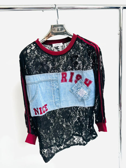 AINARA Black Lace Logo Detail Top