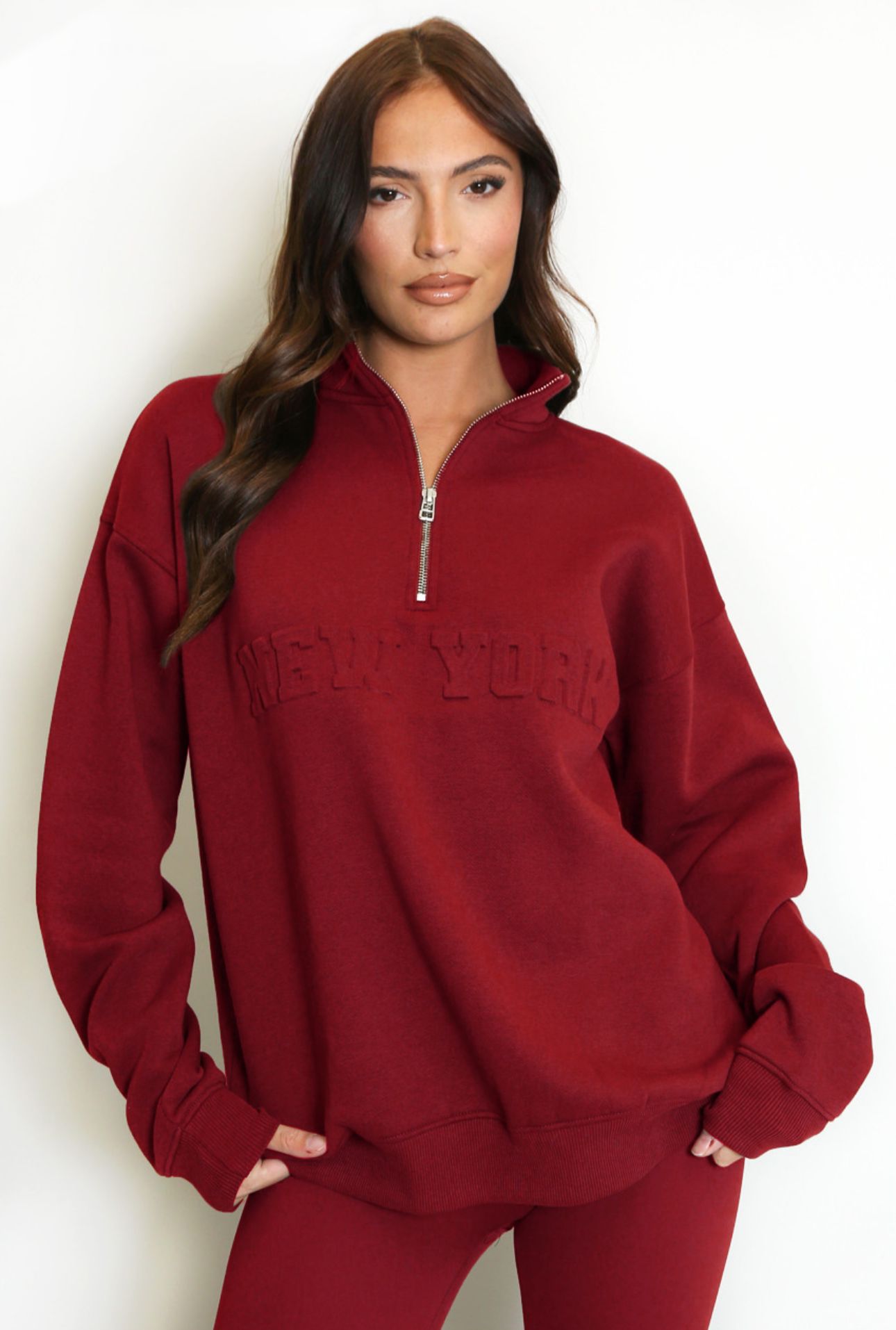 NEW YORK Burgundy Embossed Half Zip Oversized Sweatshirt