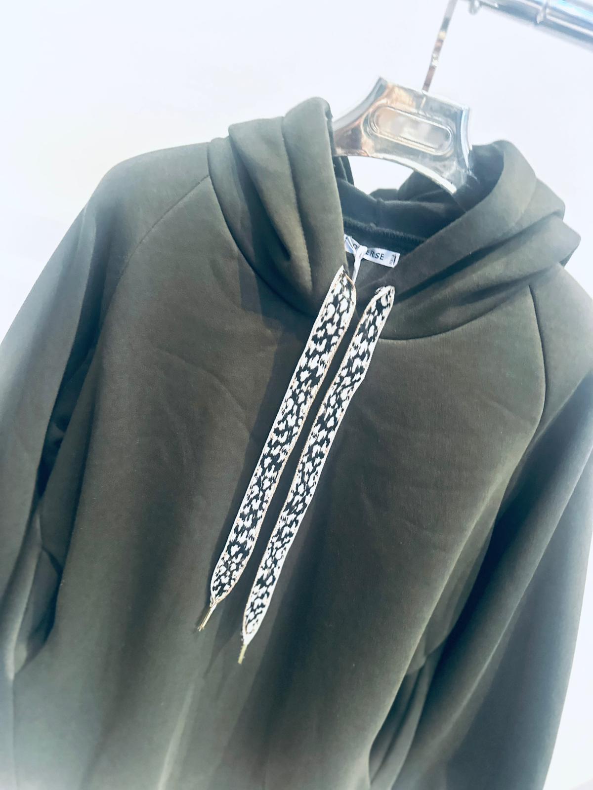 ELKE Khaki Hoodie with Printed Ribbon Detail