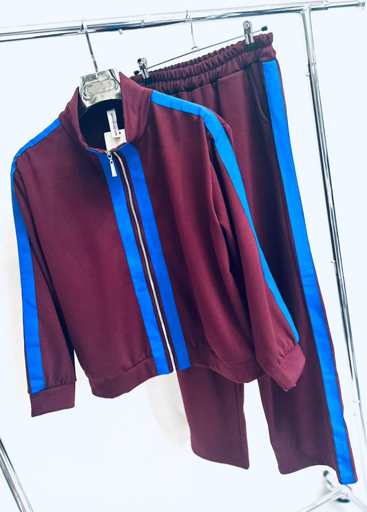 LAFIZA Burgundy with Blue Contrast Stripe Jacket & Joggers Tracksuit
