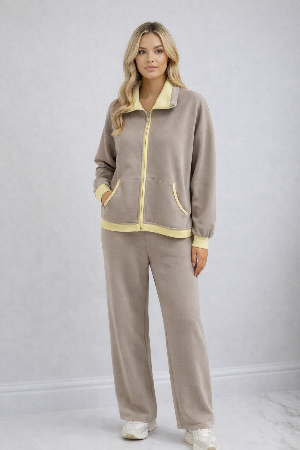 YURENA Taupe Contrast Zip Jacket & Trousers Co-Ord