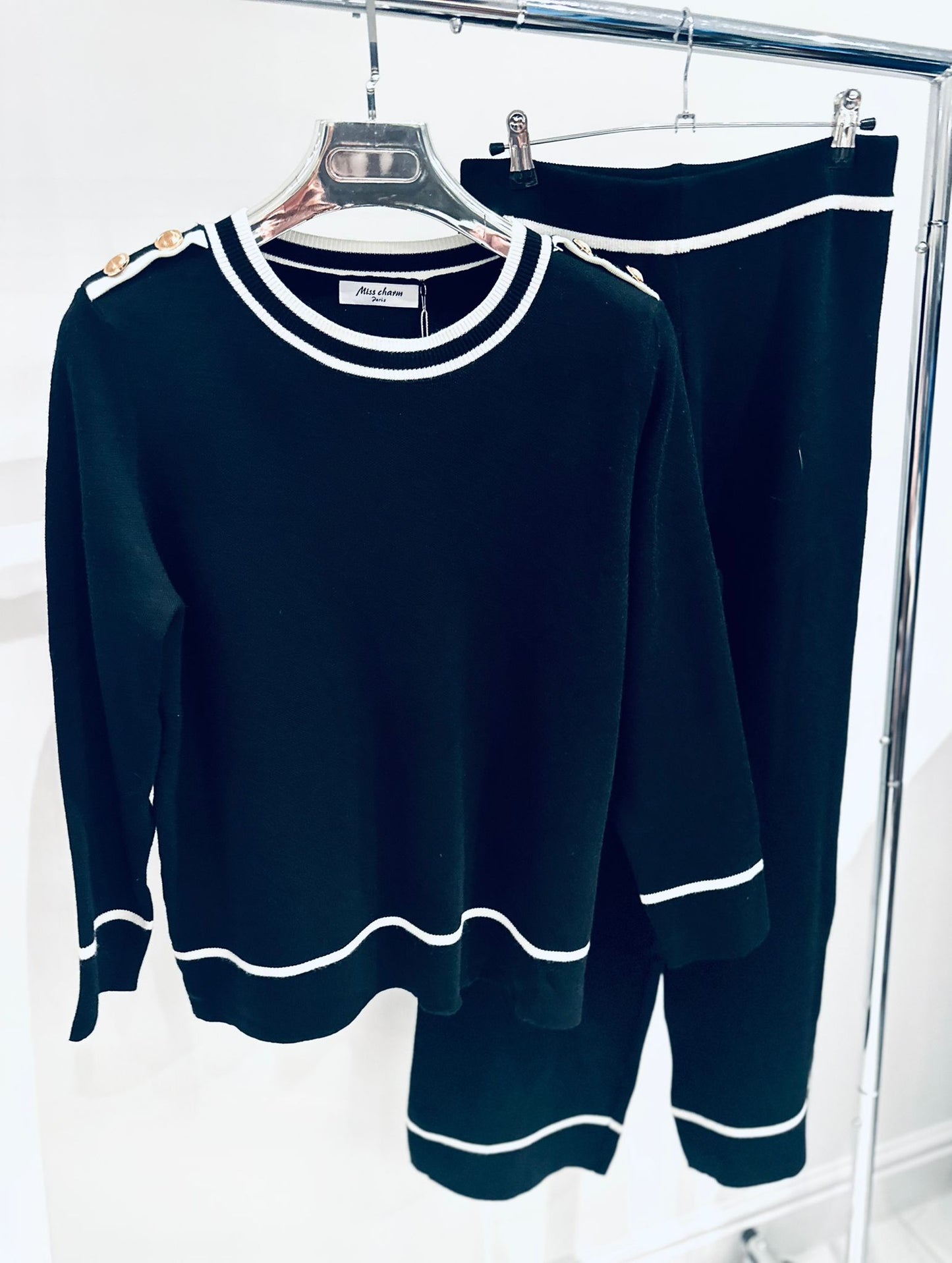 ZAHARA Black Knitted Top & Pants Co-Ord with Contrast Trim Detail