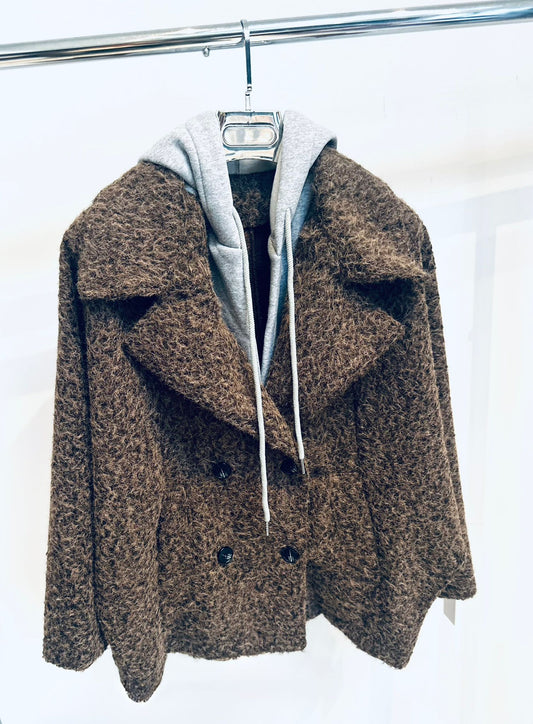 CLIONA Brown Double Breasted Oversized Jacket with Attached Hoodie