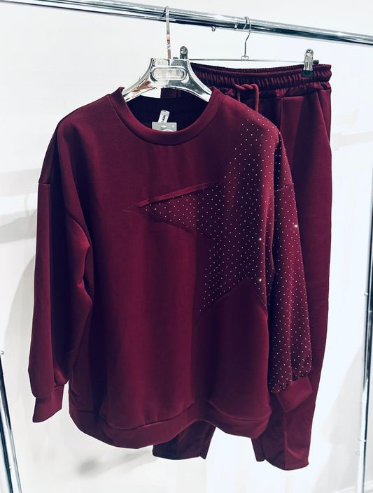 LUCINE Burgundy Studded Star Detailed Oversized Top with Pants Lounge Set