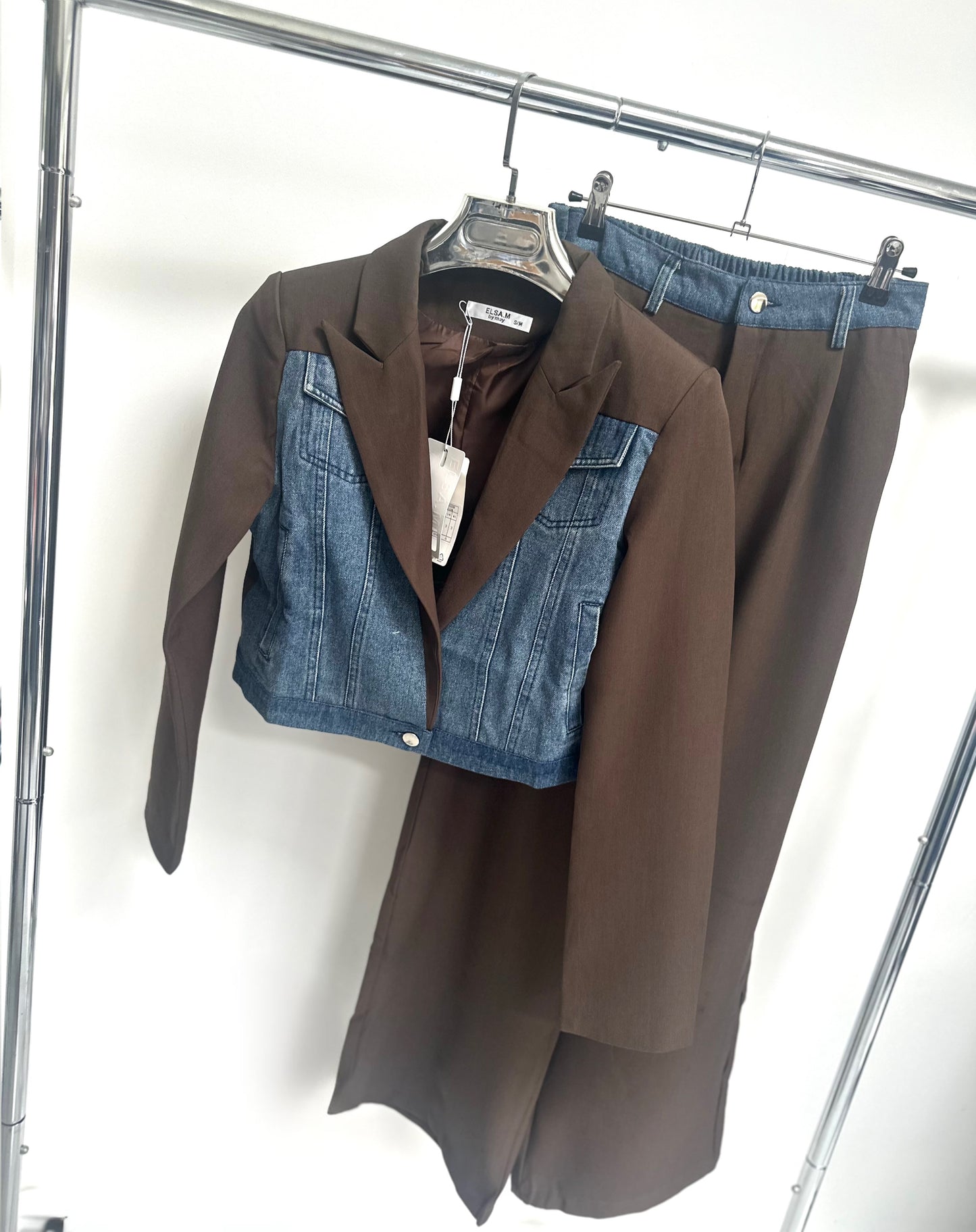 GIADA Brown Denim Contrast Cropped Blazer & Trousers Co-Ord