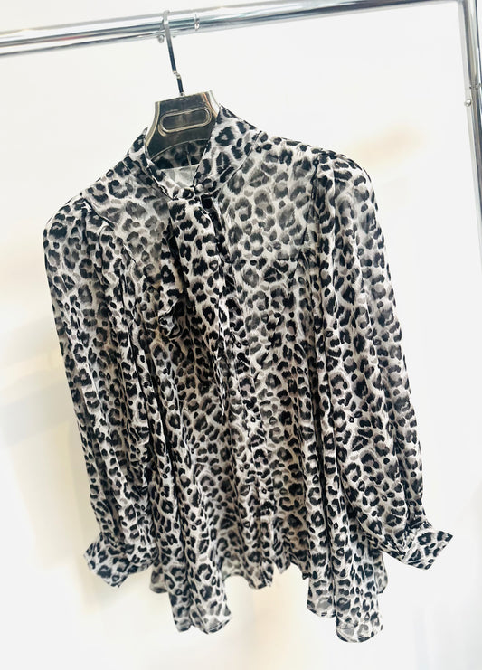 KAYA Black Animal Print Tie Bow Blouse