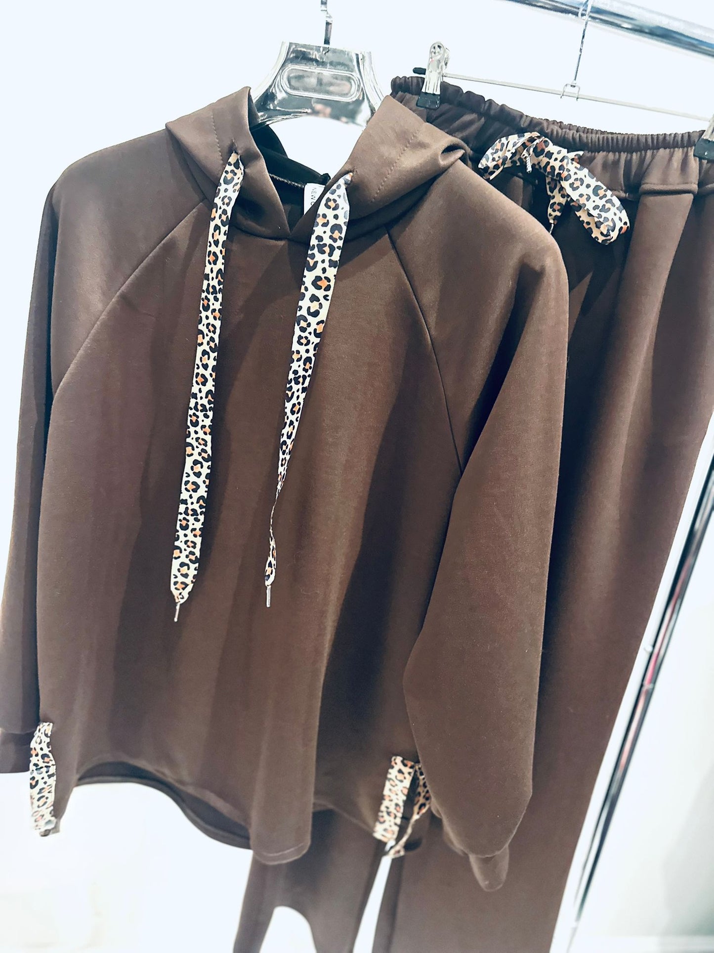 DAHNA Brown Top & Trousers Co Ord with Leopard Print Ribbon Trim