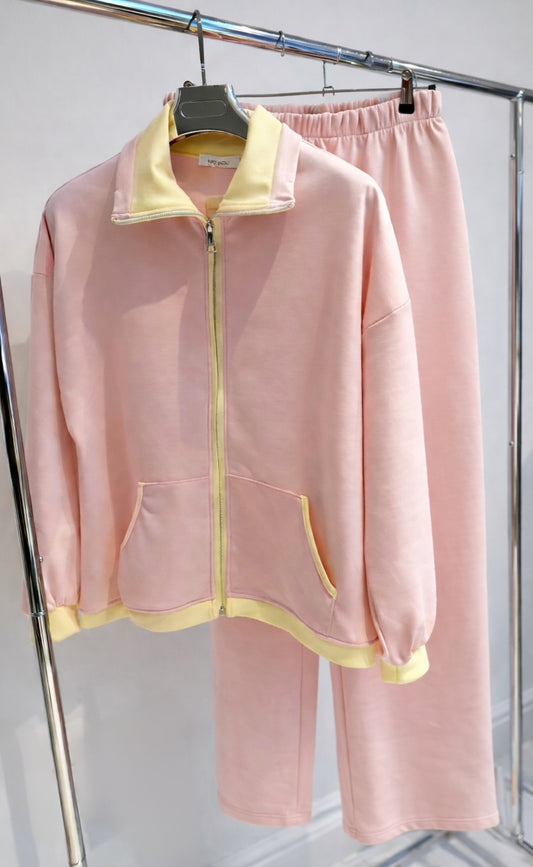 YURENA Pink Contrast Zip Jacket & Trousers Co-Ord