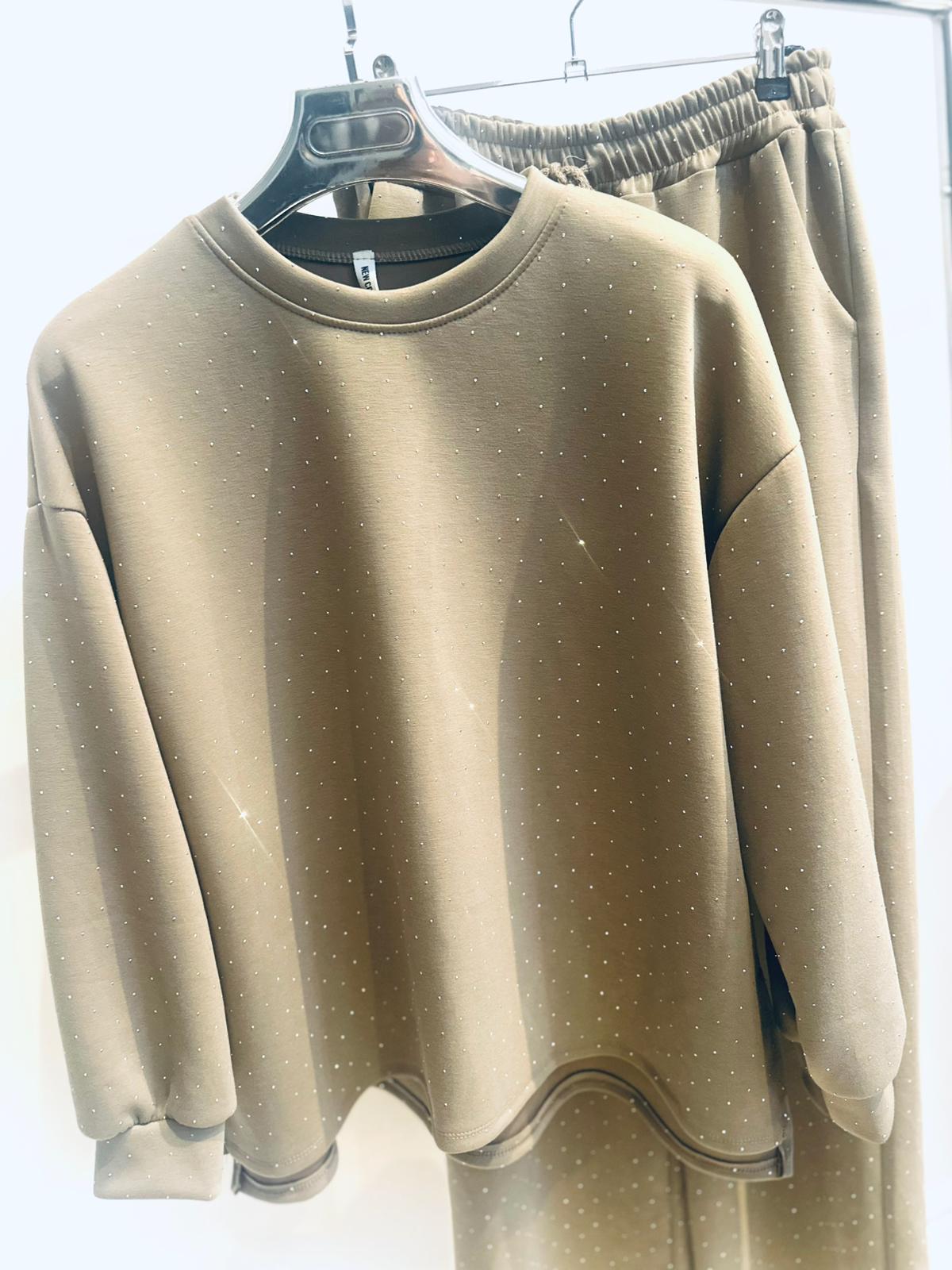 ESTELA Taupe Studded Detail Top & Pants Set