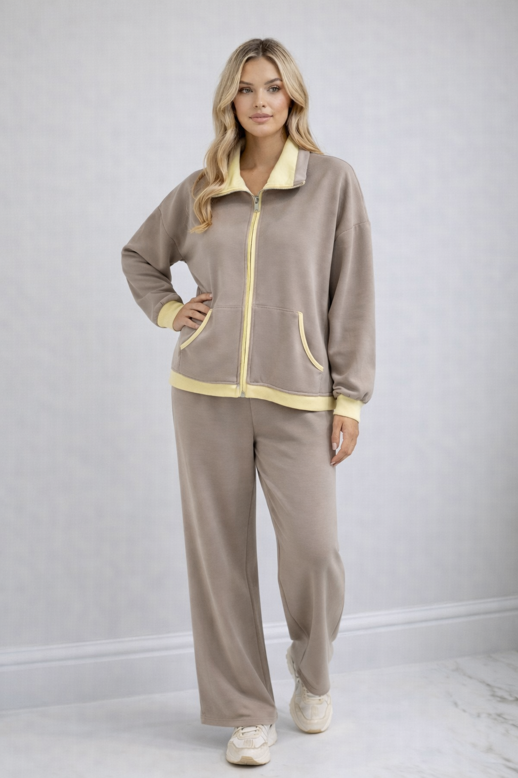 YURENA Taupe Contrast Zip Jacket & Trousers Co-Ord