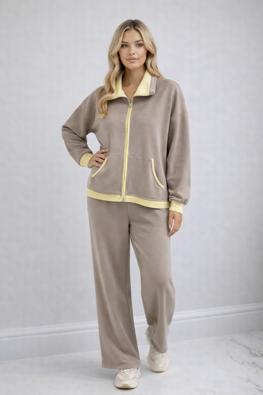 YURENA Taupe Contrast Zip Jacket & Trousers Co-Ord