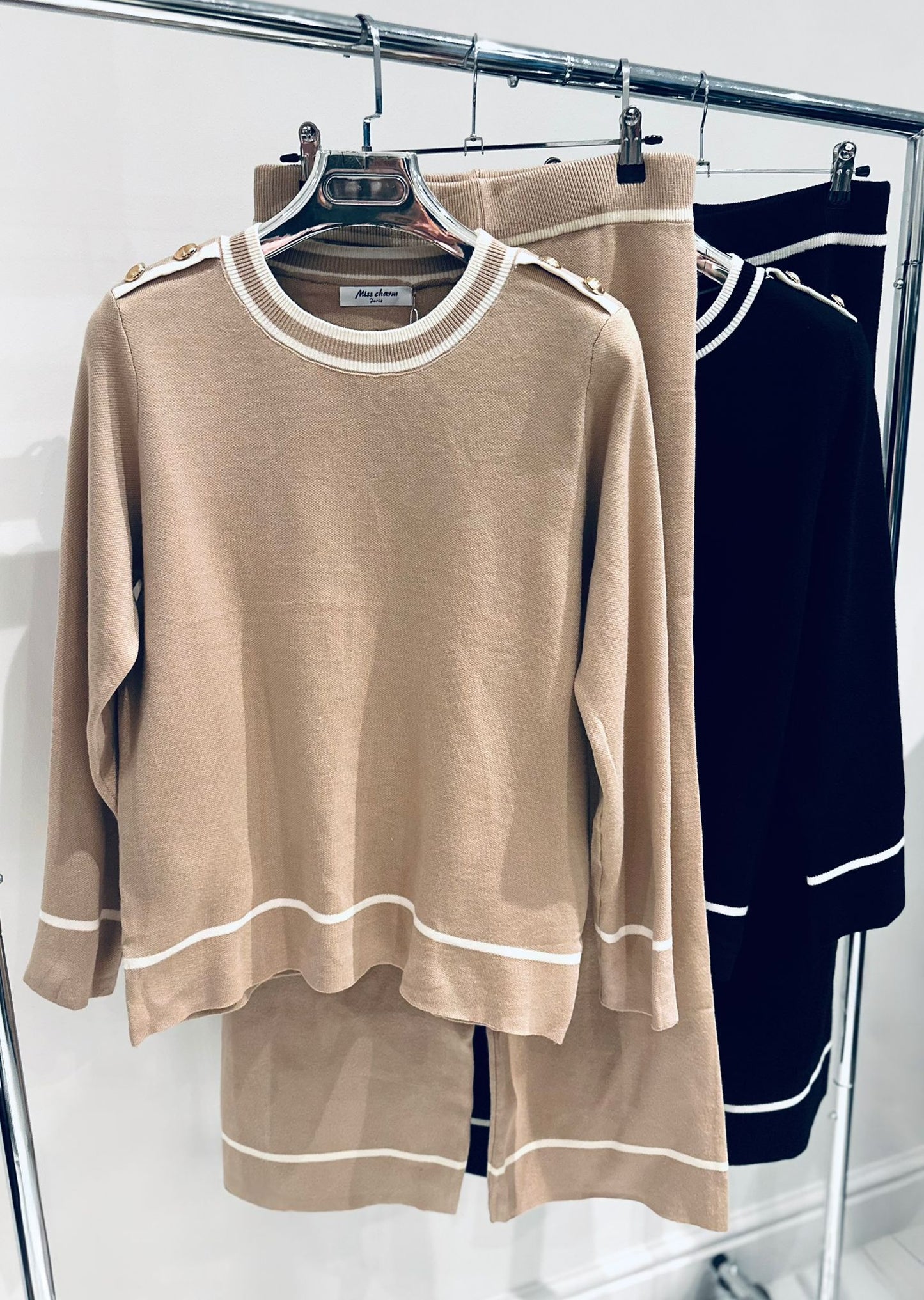 ZAHARA Black Knitted Top & Pants Co-Ord with Contrast Trim Detail