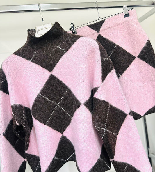 ROZELE Pink Argyle Jumper & Skirt Co-Ord