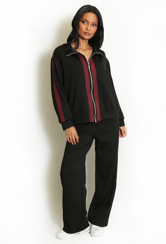 LAFIZA Black with Burgundy Contrast Stripe Jacket & Joggers Tracksuit
