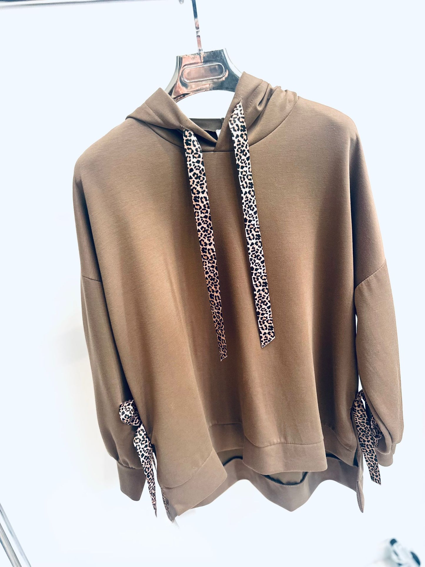 THEDA Camel Hoodie with Leopard Ribbon Detail