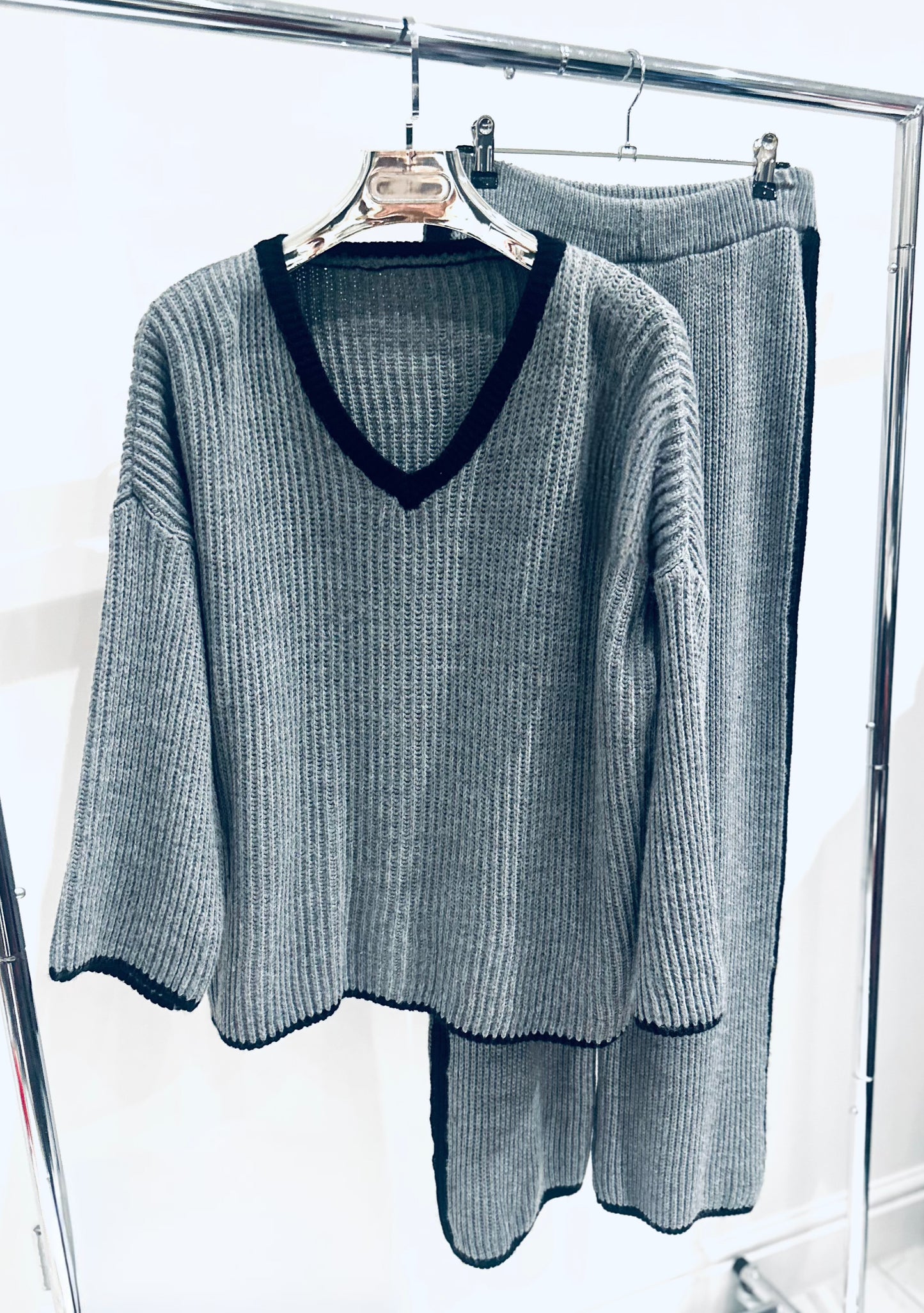 EMILY Grey Oversized Knitted Top & Pants Co-Ord with Black Trim Detail