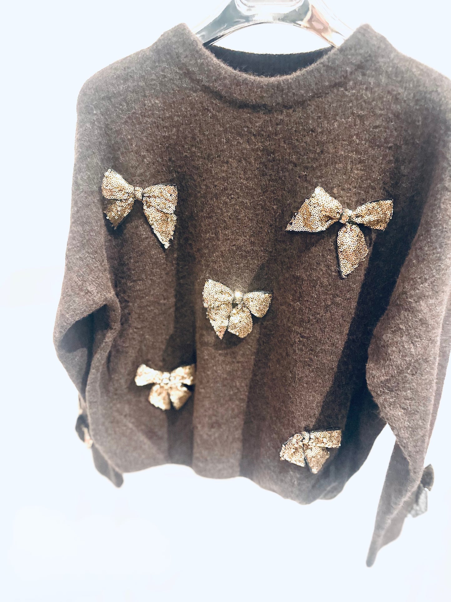 TAMSIN Brown Knitted Jumper with Sequin Bow Detail
