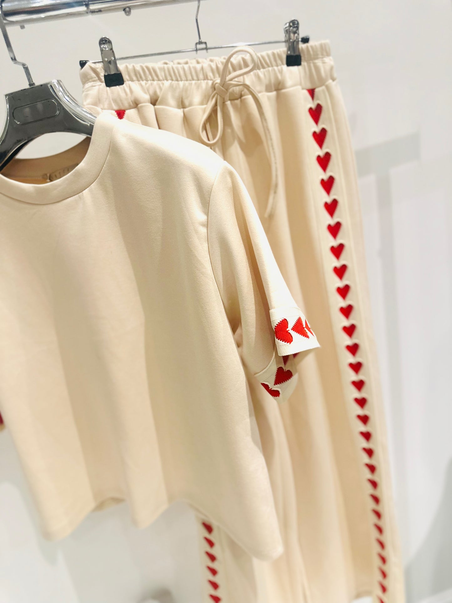 AMORA Beige TShirt & Pants Co-Ord with Heart Trim