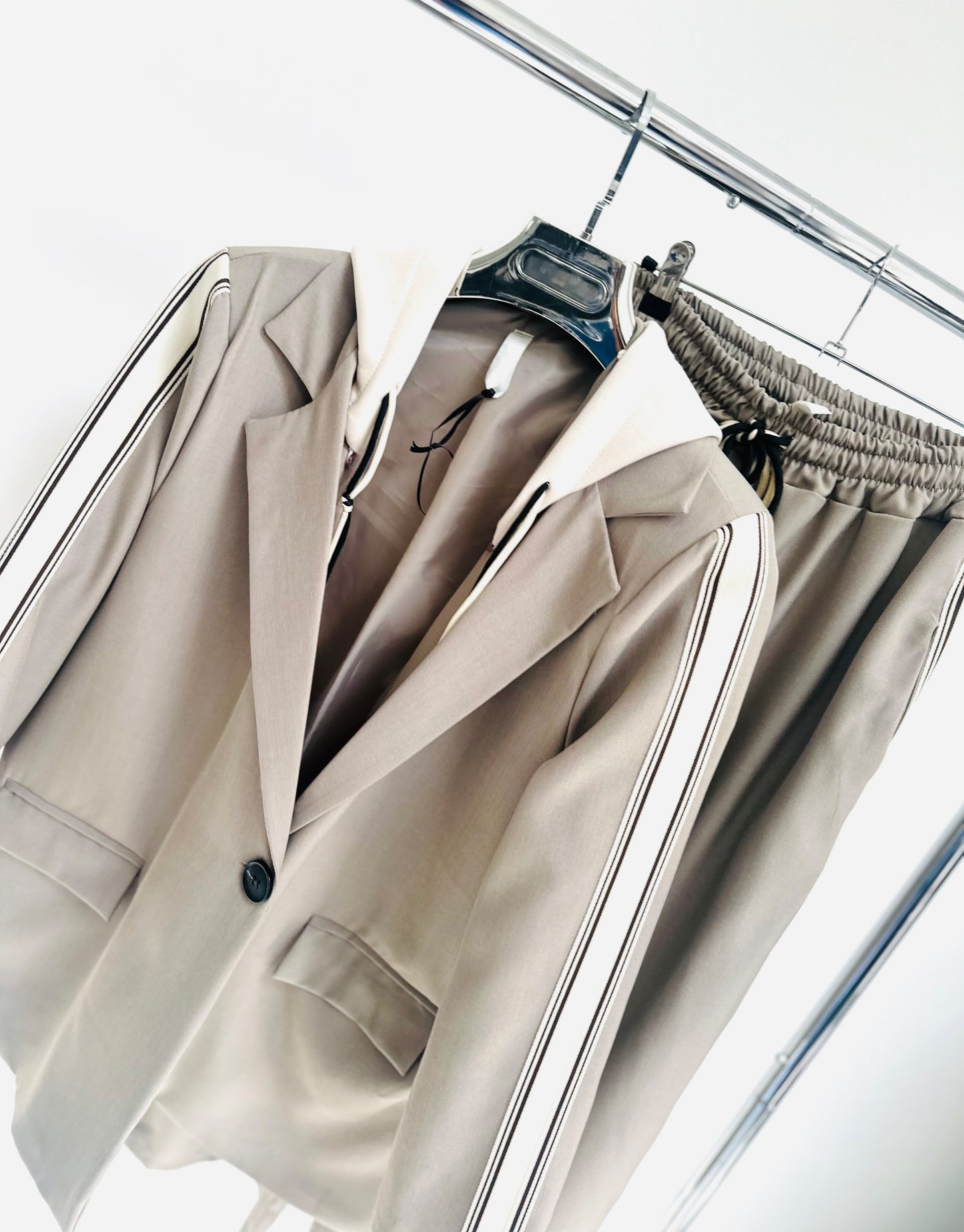 ZETTA Beige Side Stripe Hooded Blazer & Trousers Set