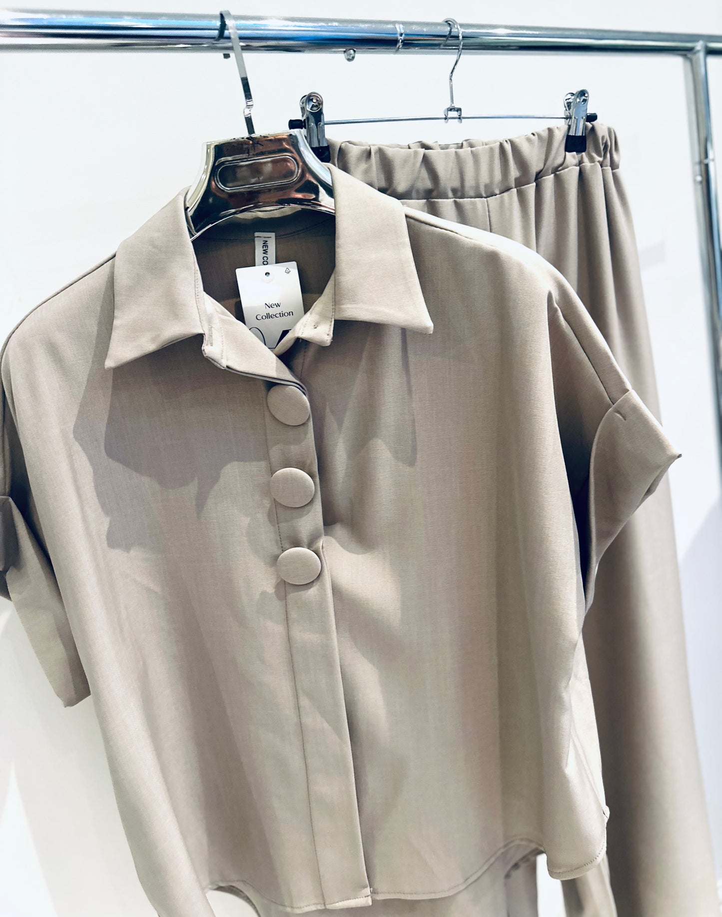 JANELLE Taupe Big Button Detailed Blouse & Trousers Co-Ord