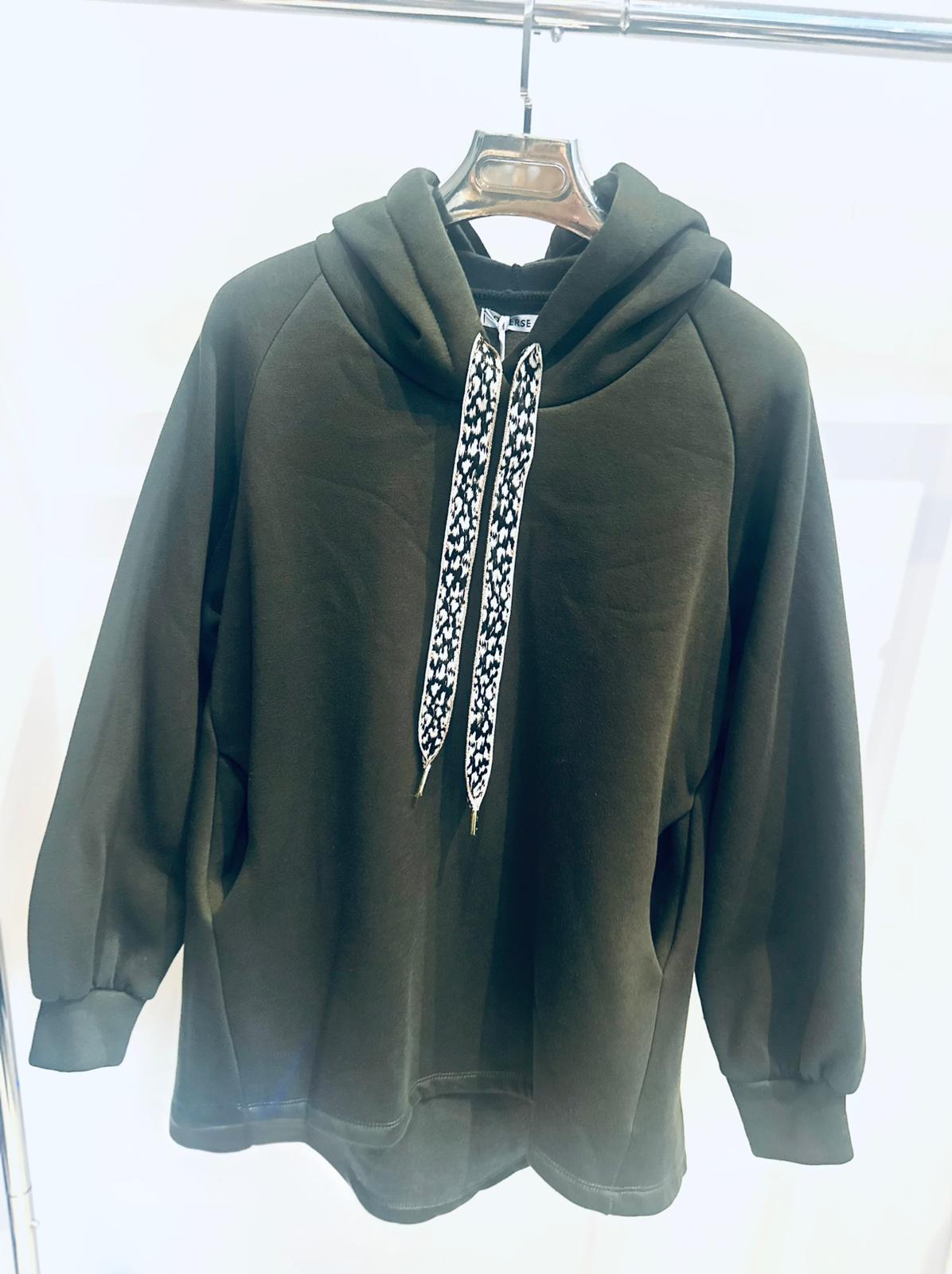 ELKE Khaki Hoodie with Printed Ribbon Detail