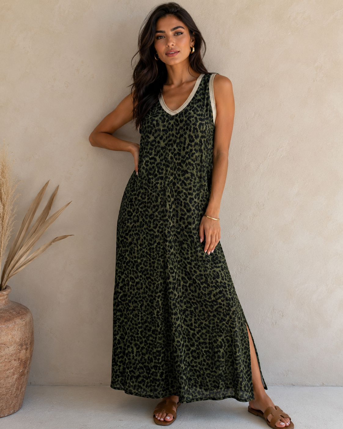 ZEPHYRA Green Leopard Print Maxi Dress
