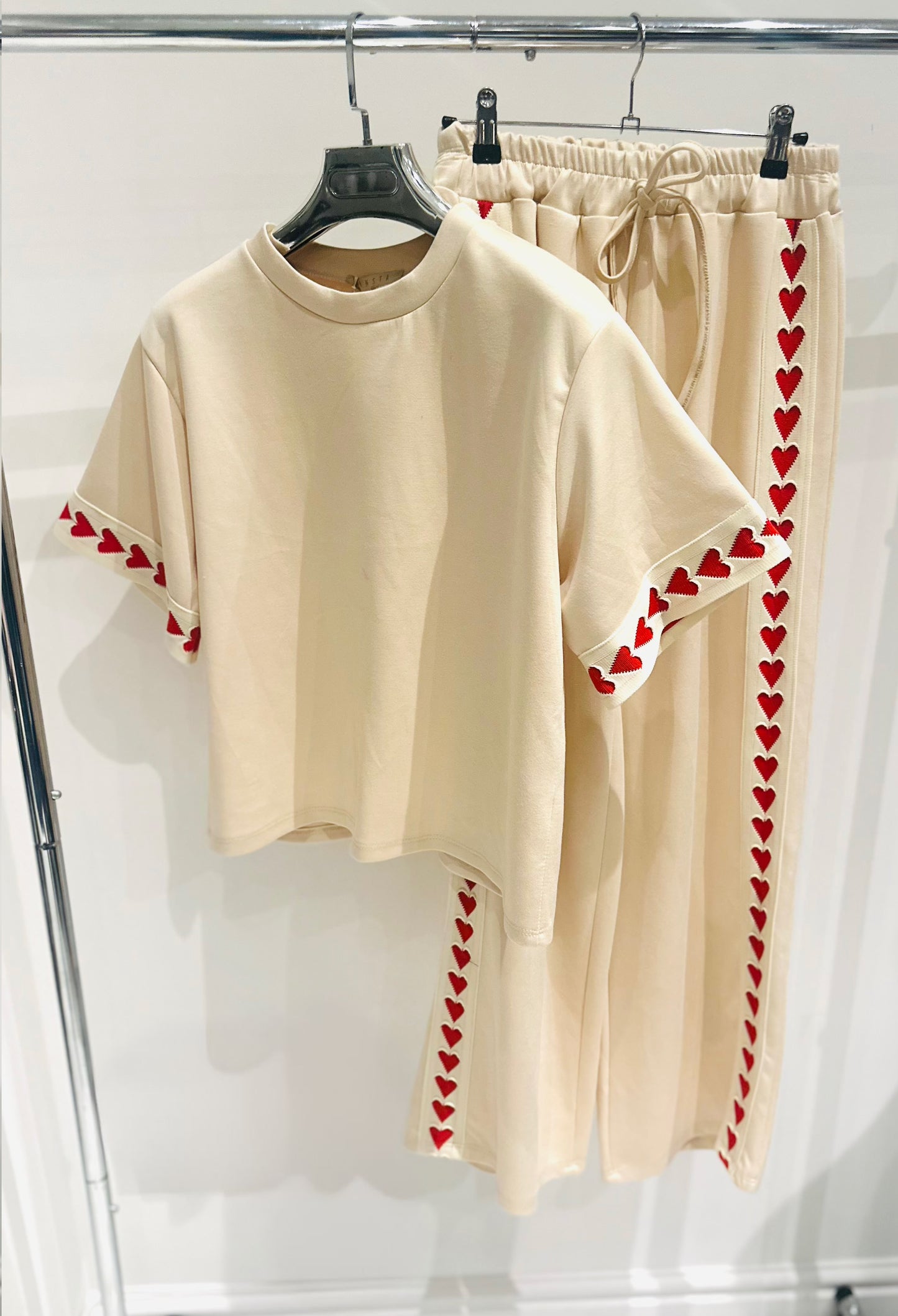 AMORA Beige TShirt & Pants Co-Ord with Heart Trim