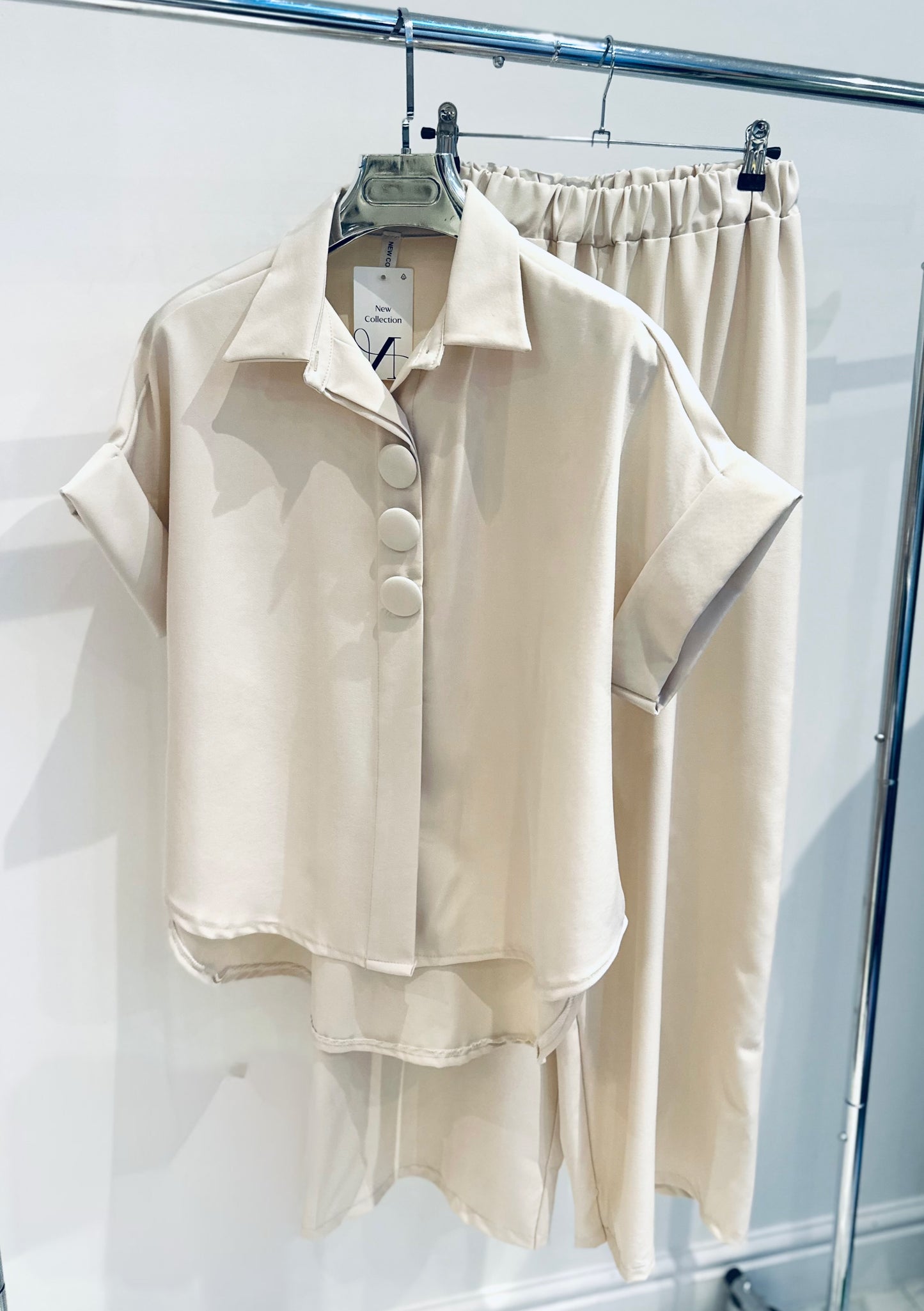 JANELLE Beige Big Button Detailed Blouse & Trousers Co-Ord