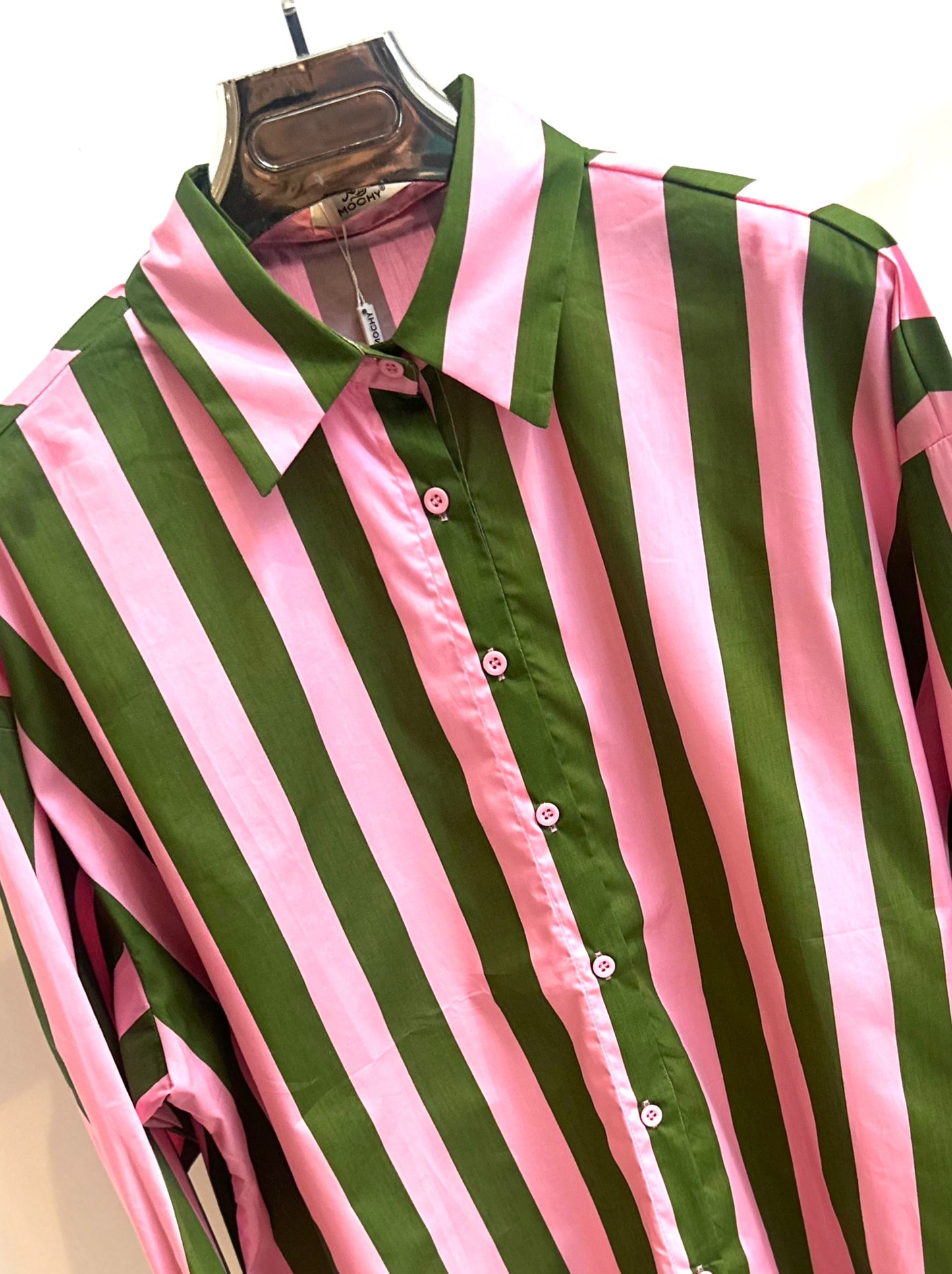 VIVANE Pink & Green Striped Oversized Shirt