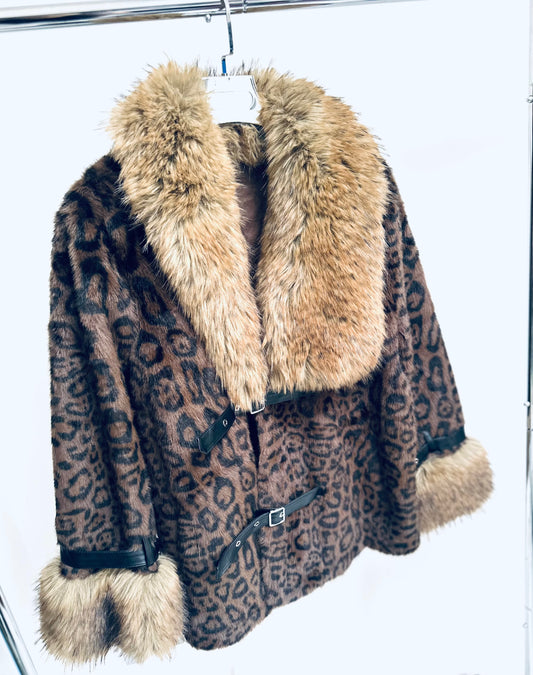 CAMARI Brown Leopard Print Faux Fur Collared Oversized Jacket