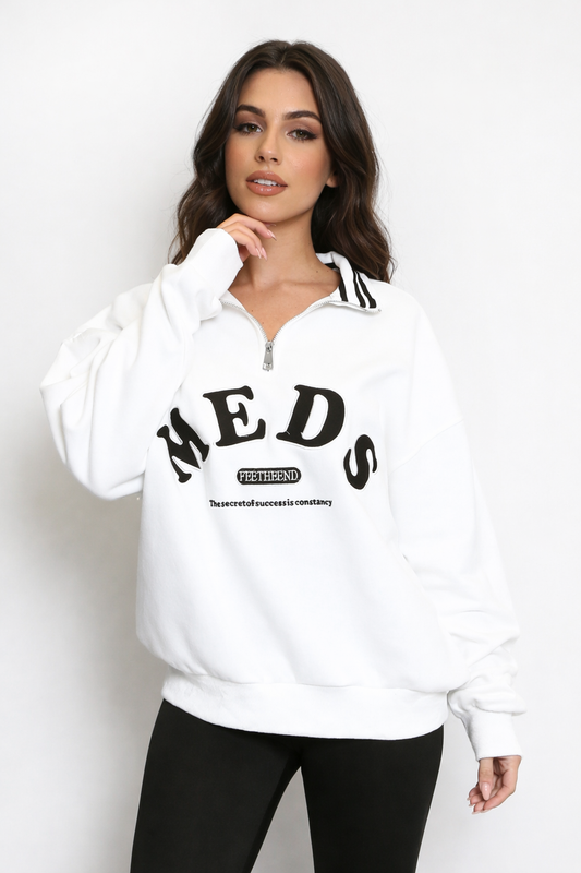 MANDISA White Embroidered Half Zip Jumper