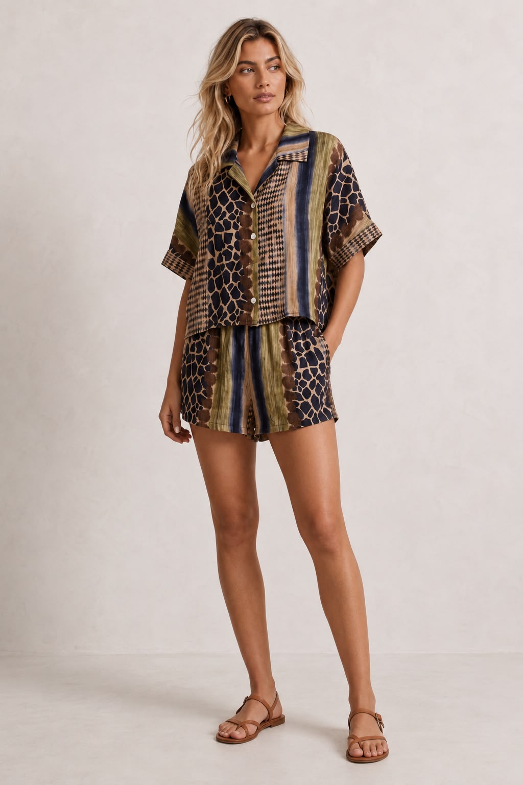 AUBREY Khaki Animal Printed Shirt & Shorts Set