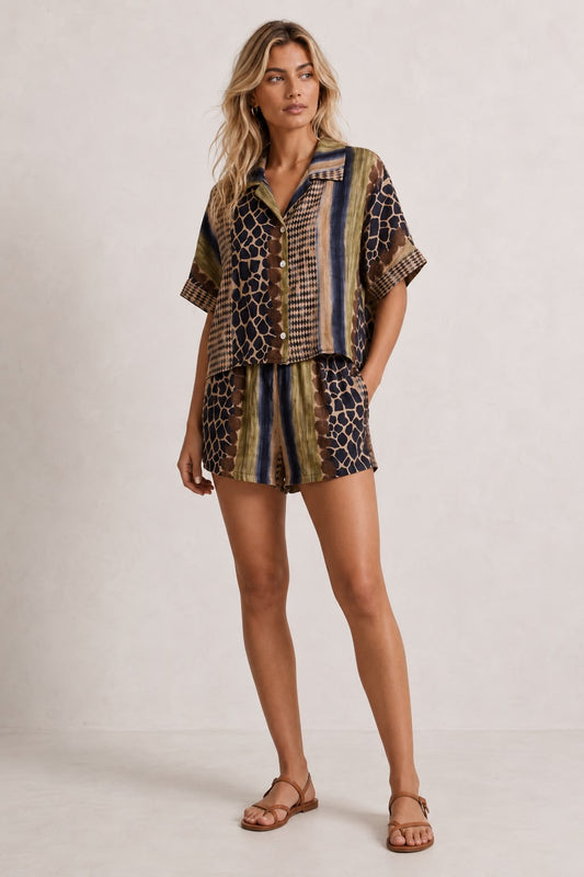 AUBREY Khaki Animal Printed Shirt & Shorts Set