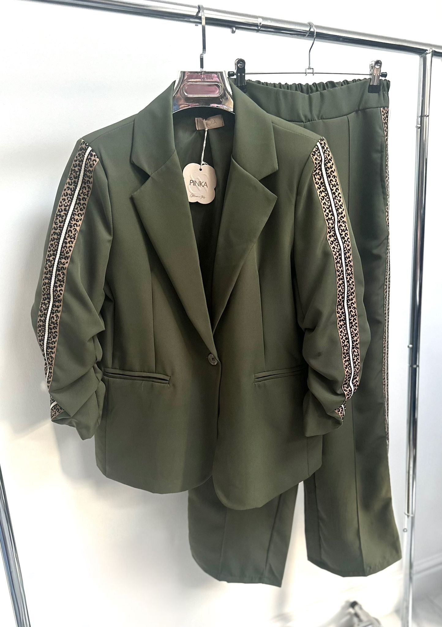 XENA Khaki Blazer & Trousers with Leopard Print Detail