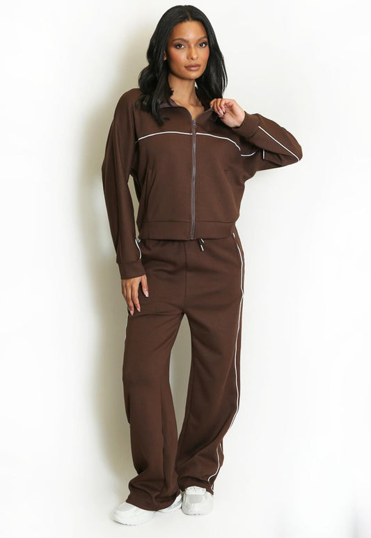 PETULA Brown Tracksuit with White Piping Detail