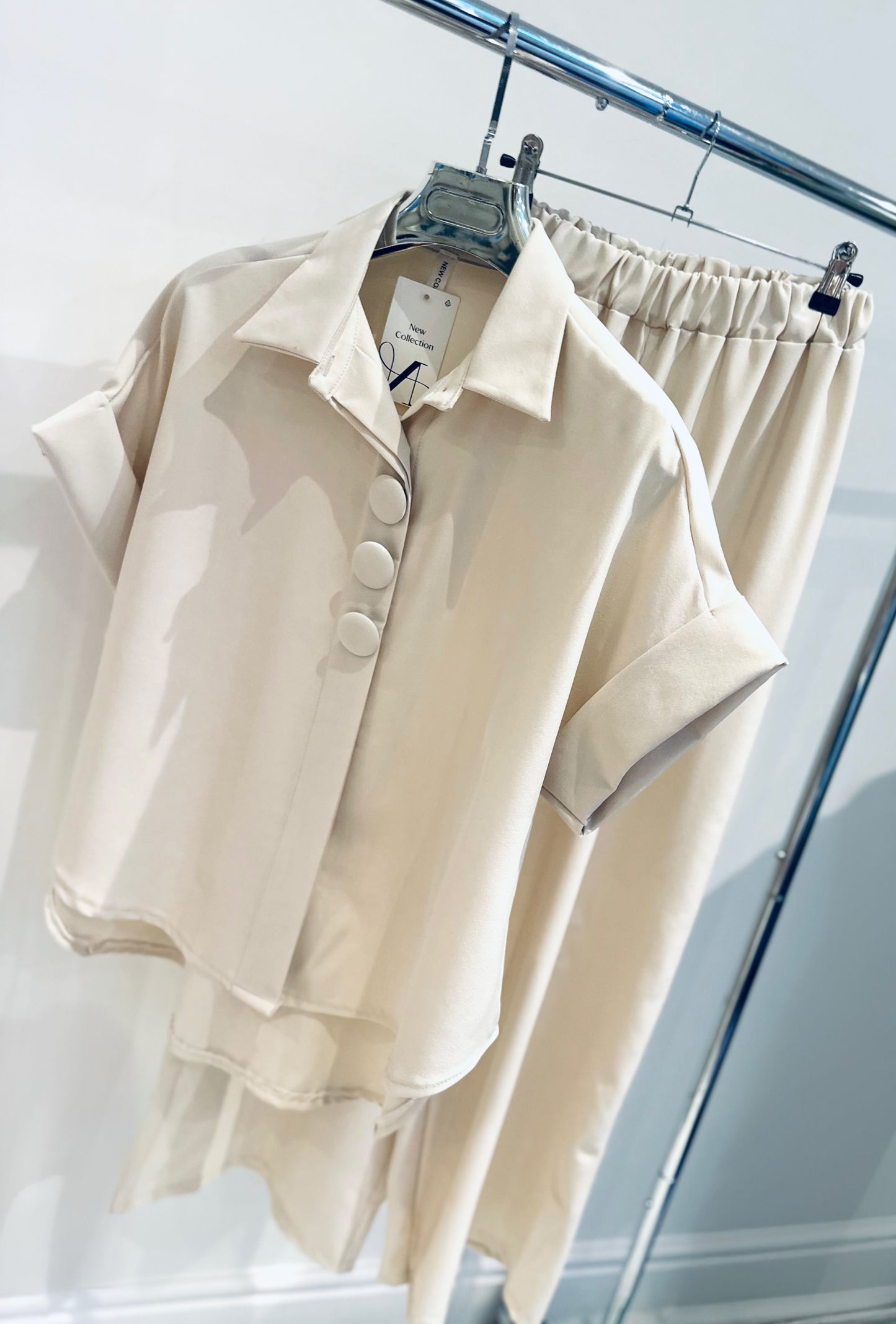 JANELLE Beige Big Button Detailed Blouse & Trousers Co-Ord