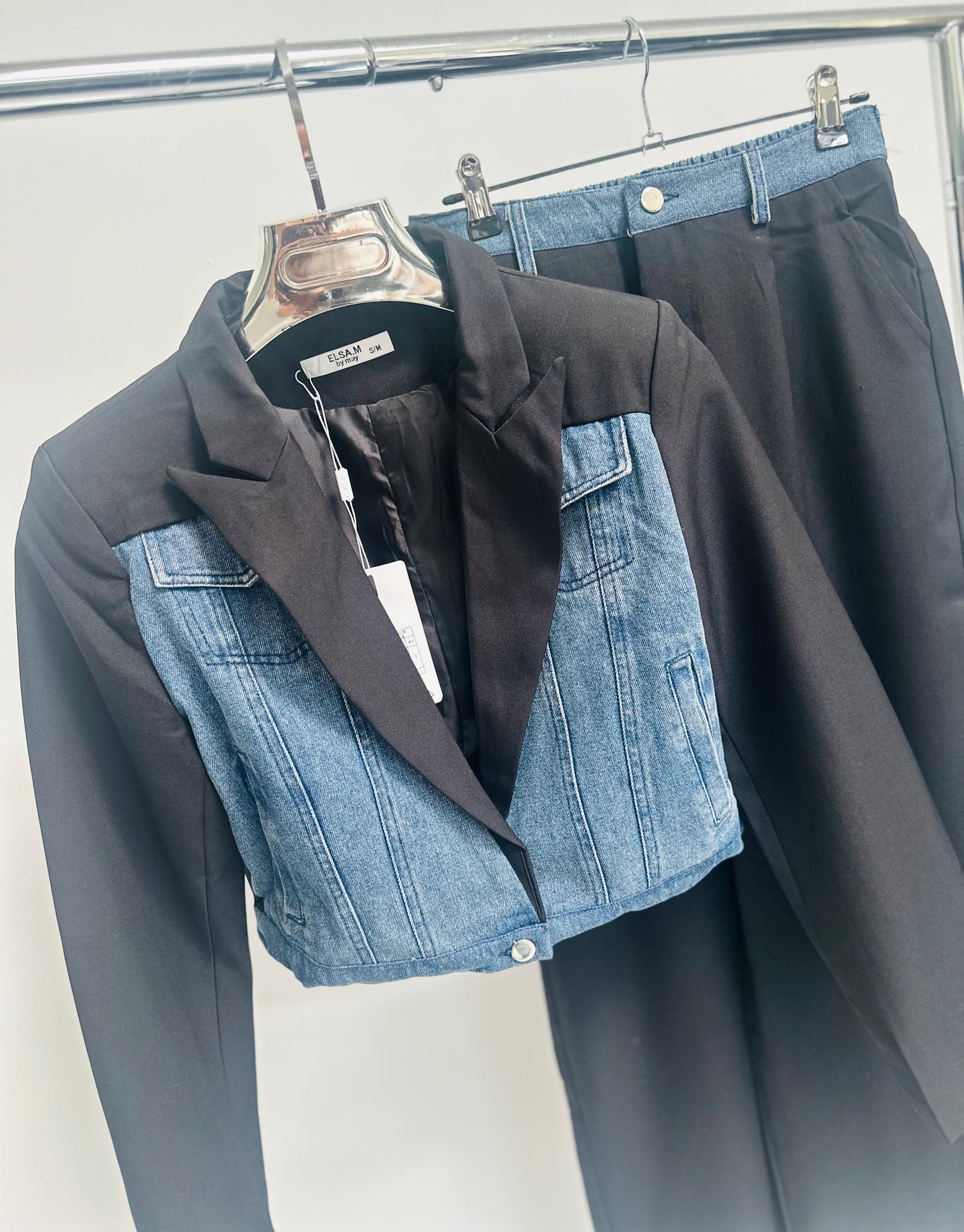 GIADA Black Denim Contrast Cropped Blazer & Trousers Co-Ord