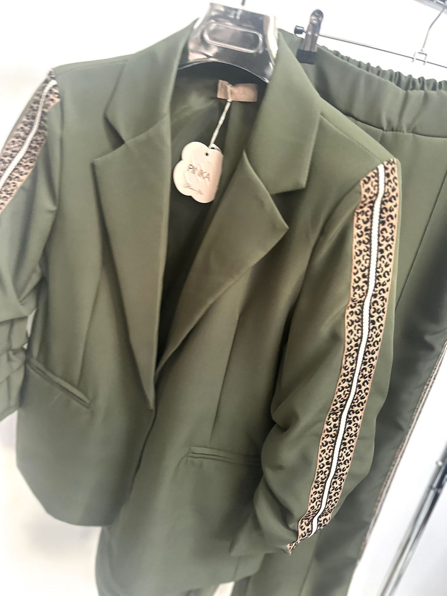 XENA Khaki Blazer & Trousers with Leopard Print Detail