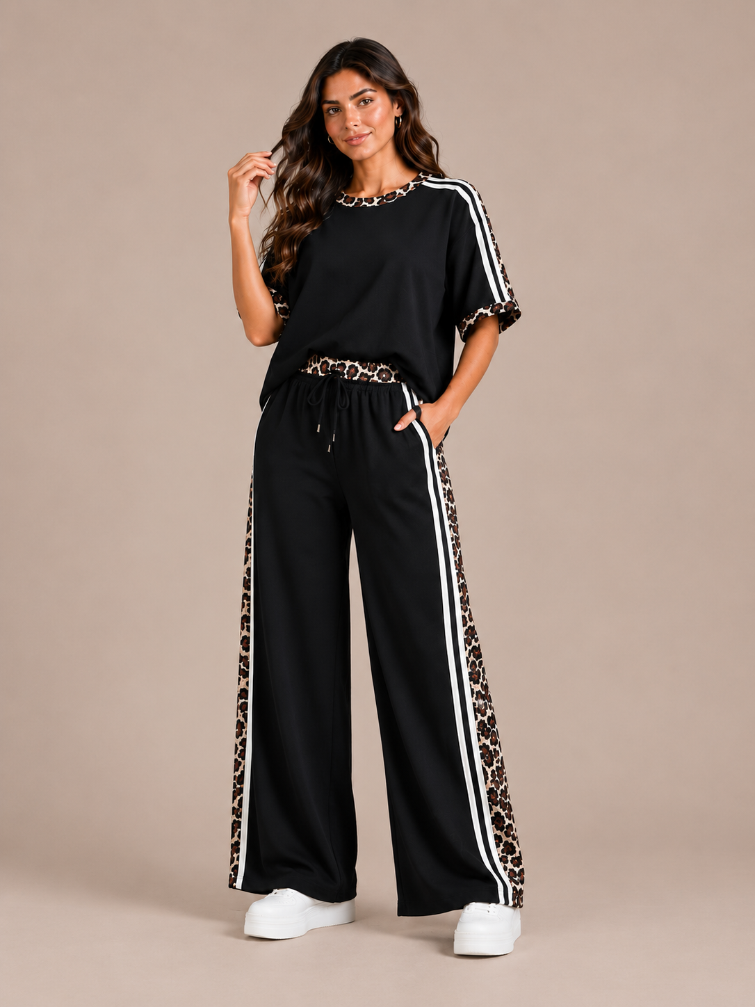VIVIA Black Stripe & Animal Printed Top & Trousers Co-Ord