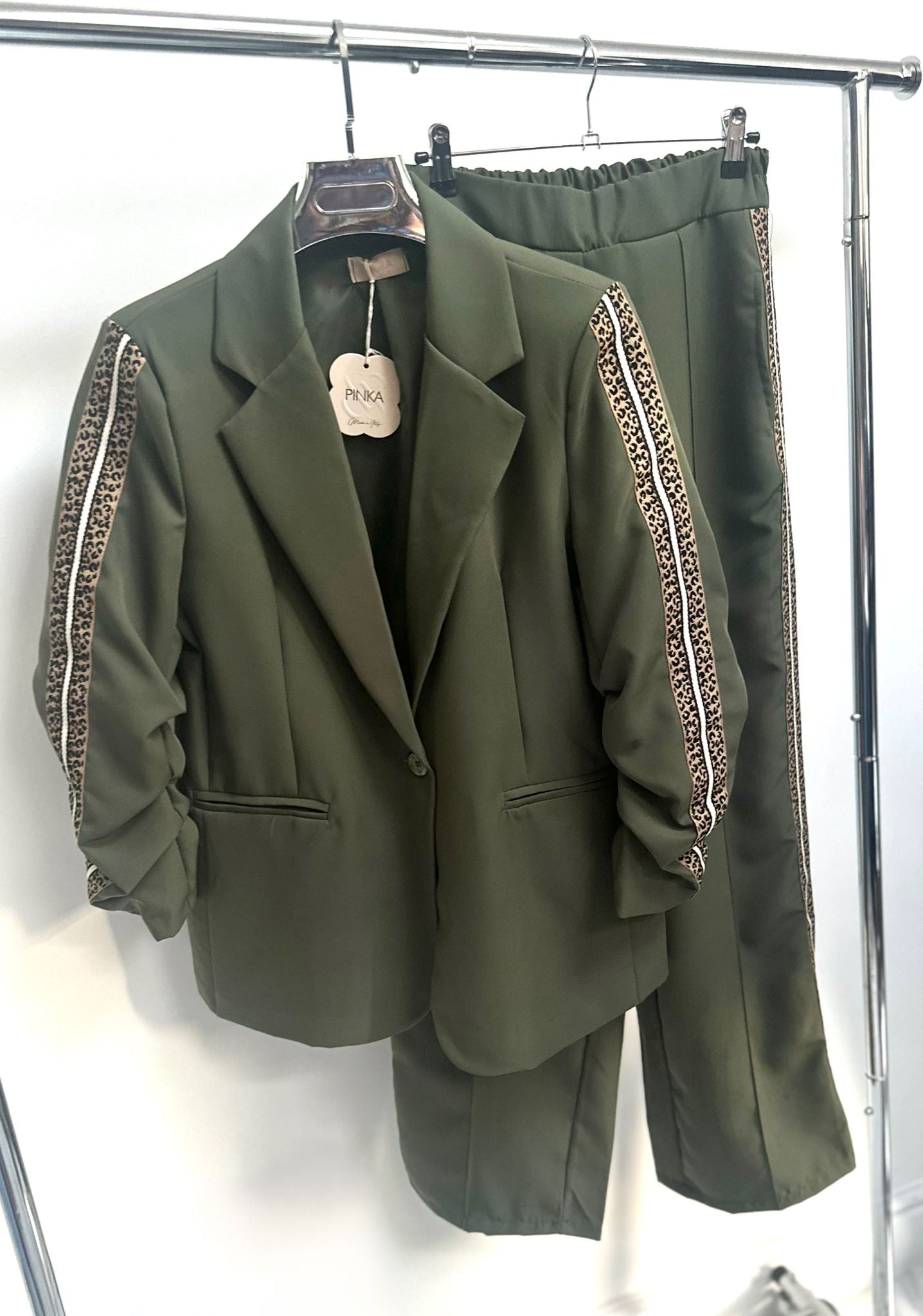 XENA Khaki Blazer & Trousers with Leopard Print Detail