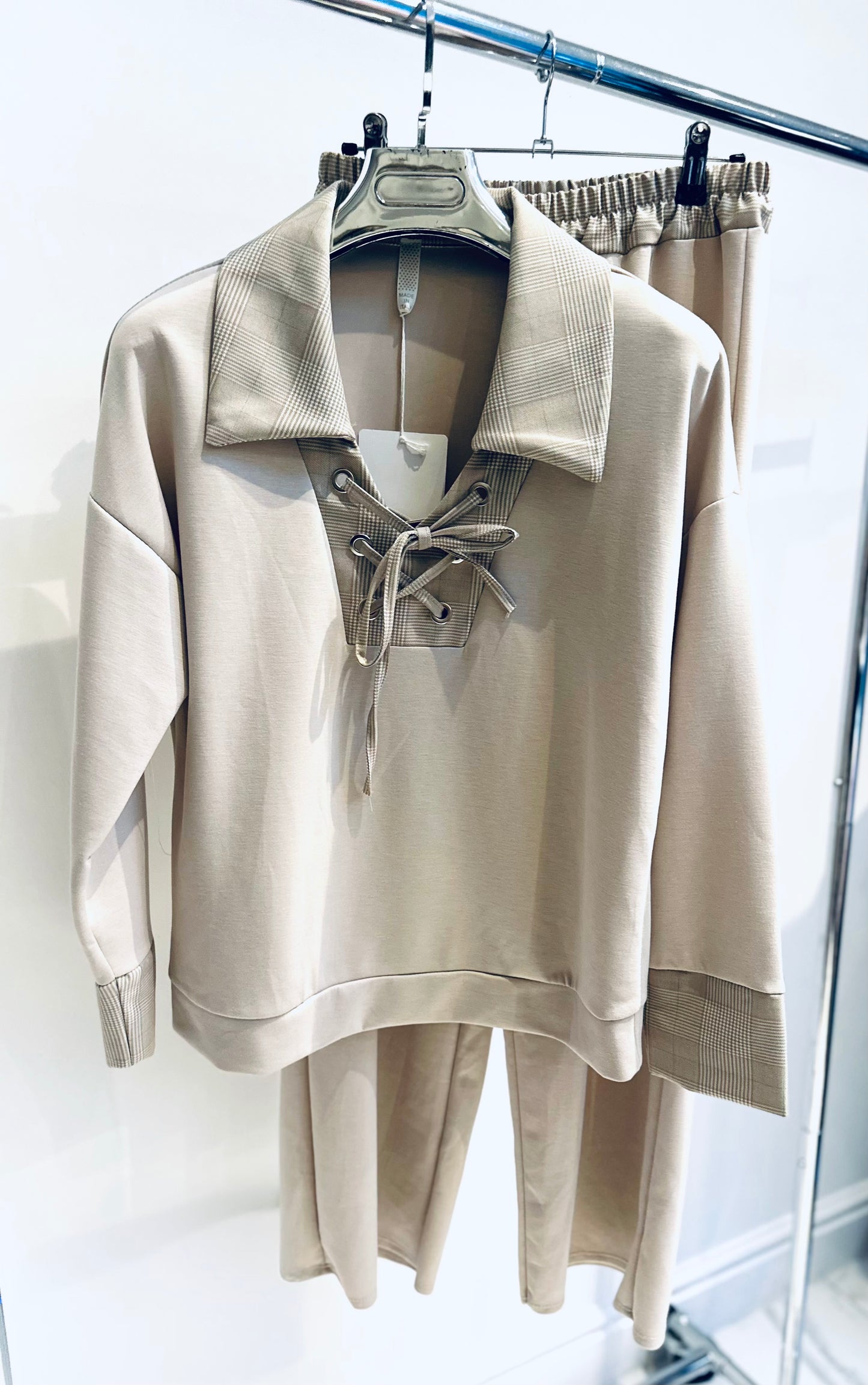 JOLENTA Beige Lace Up Sweater & Trousers Co-Ord