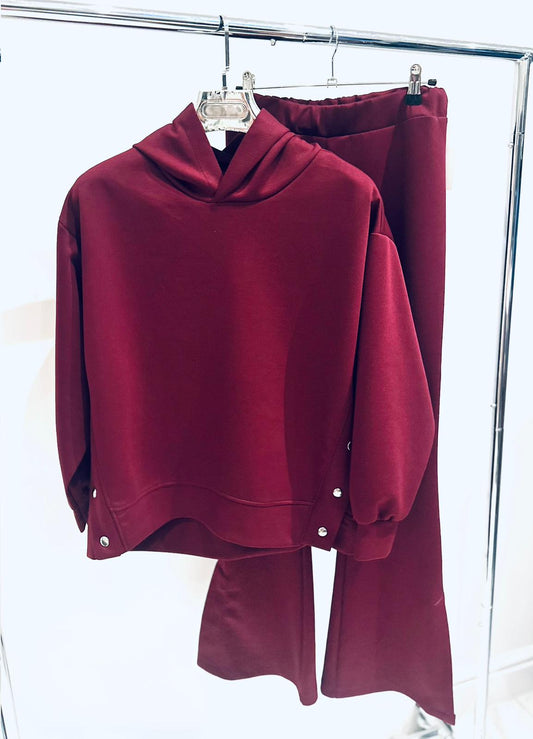 KYLA Burgundy Side Button Details Hoodie & Flared Trousers Lounge Set