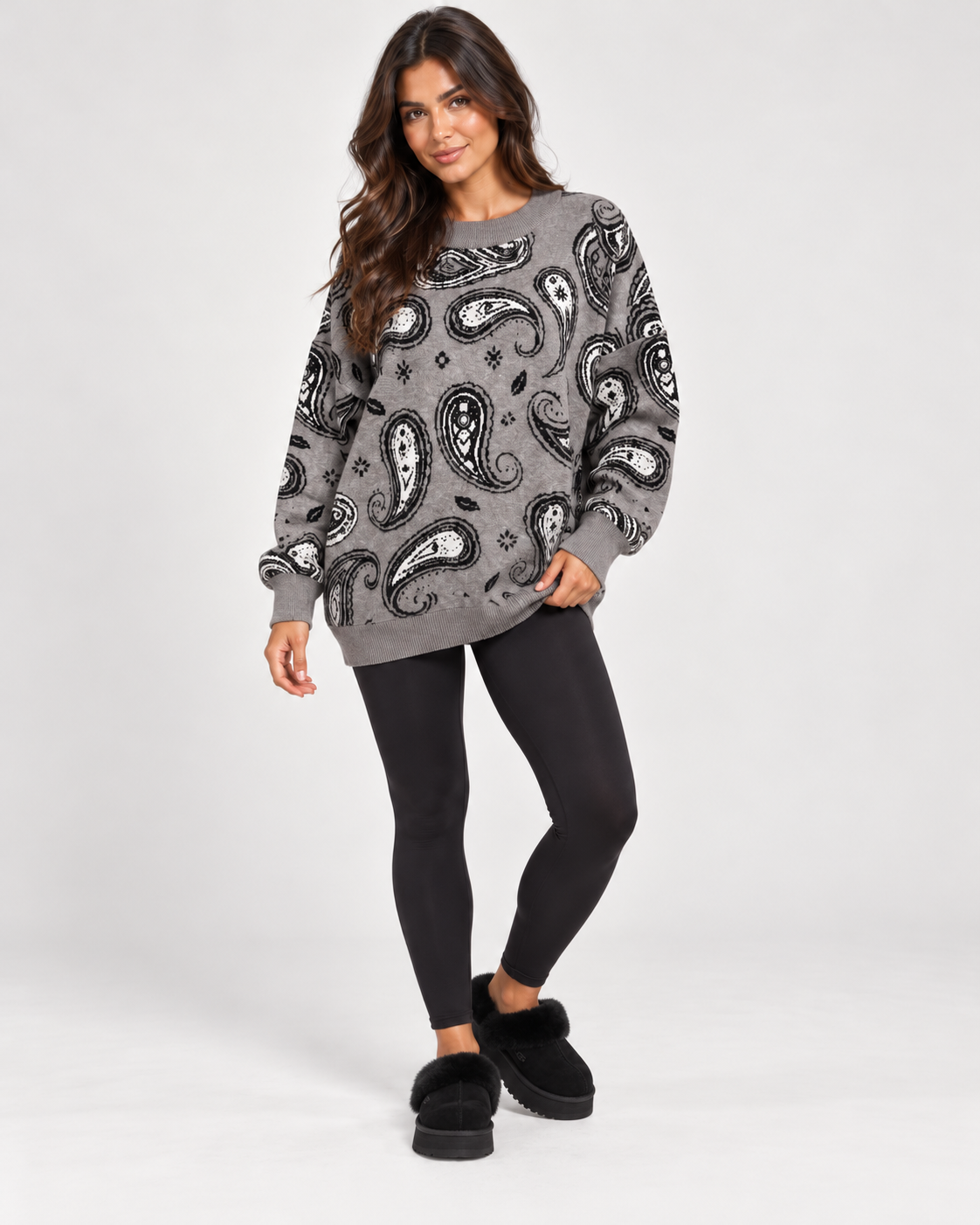 SIENNA Grey Paisley Print Knitted Jumper
