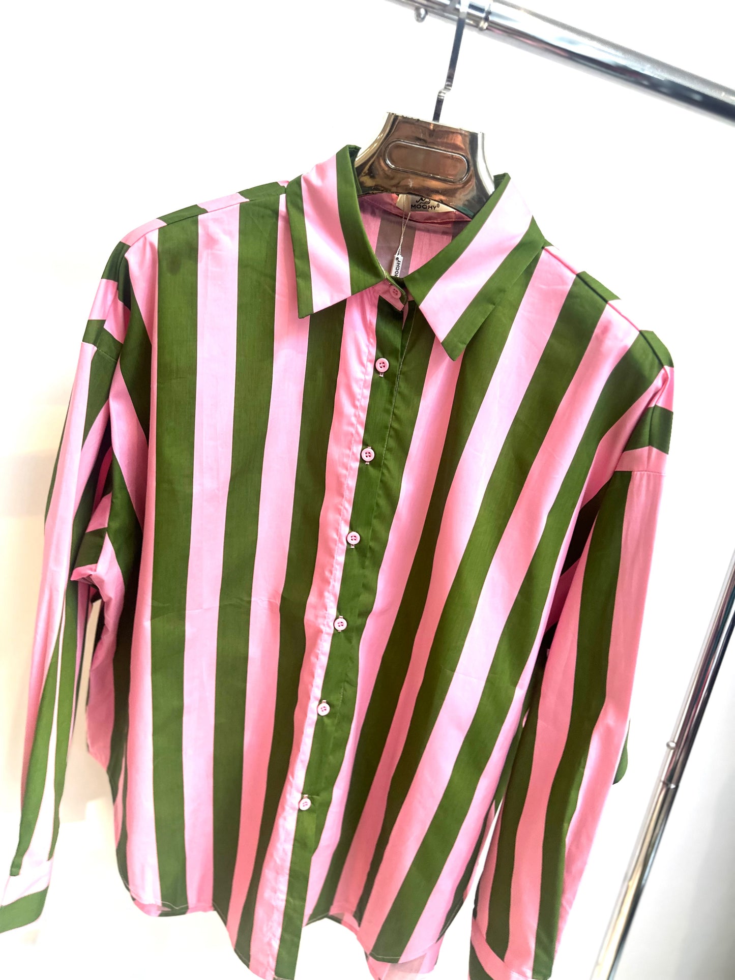 VIVANE Pink & Green Striped Oversized Shirt