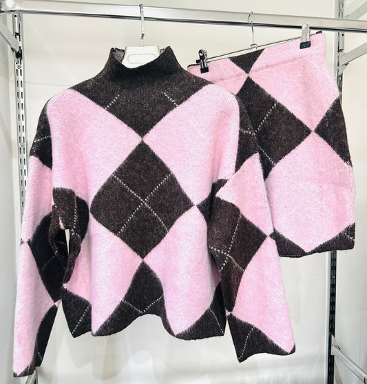 ROZELE Pink Argyle Jumper & Skirt Co-Ord