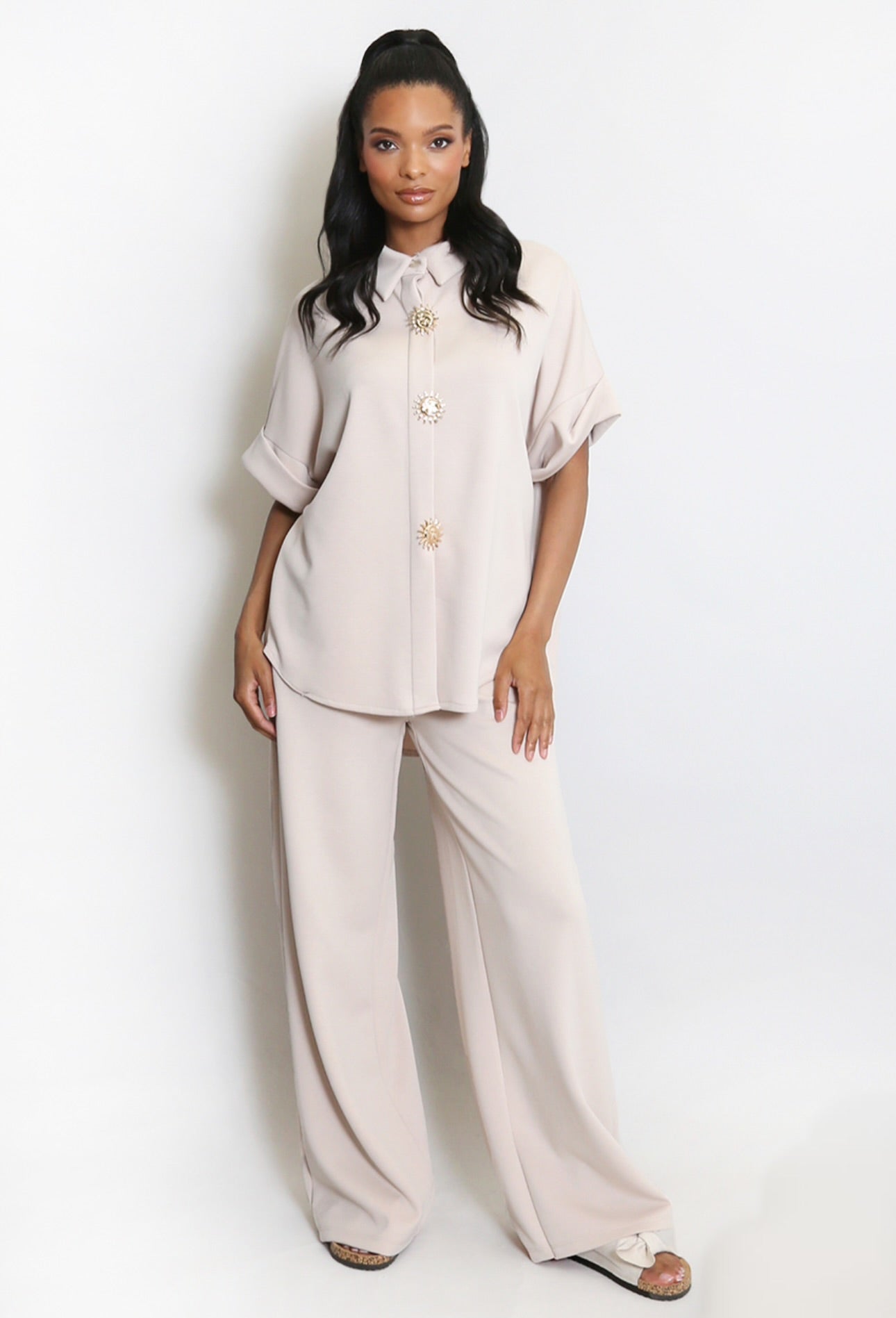 ZERAH Beige Button Up Top & Pants Co-Ord