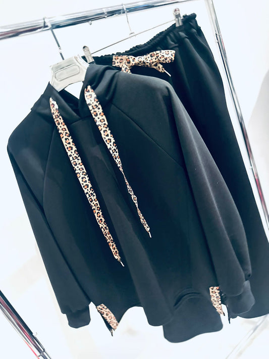 DAHNA Black Top & Trousers Co Ord with Leopard Print Ribbon Trim