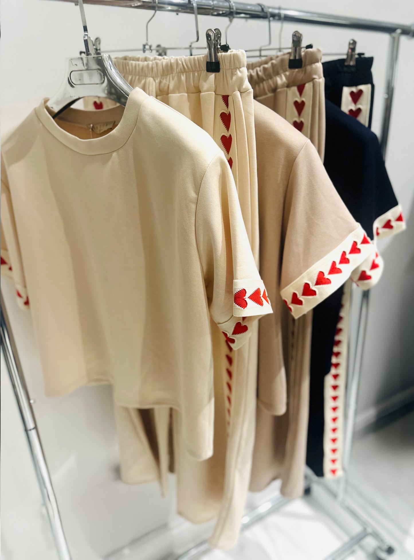 AMORA Beige TShirt & Pants Co-Ord with Heart Trim