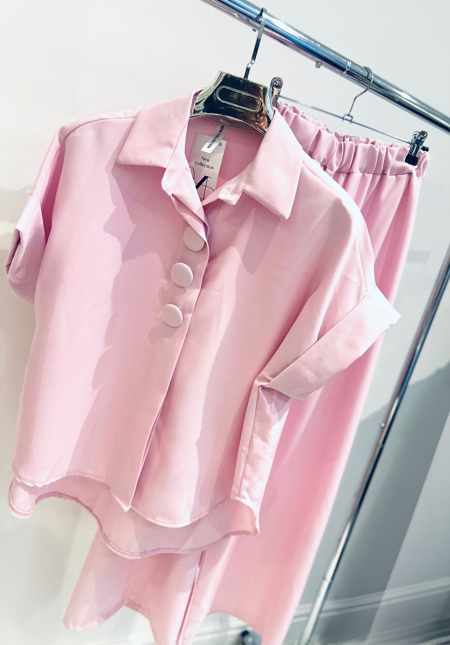 JANELLE Pink Big Button Detailed Blouse & Trousers Co-Ord